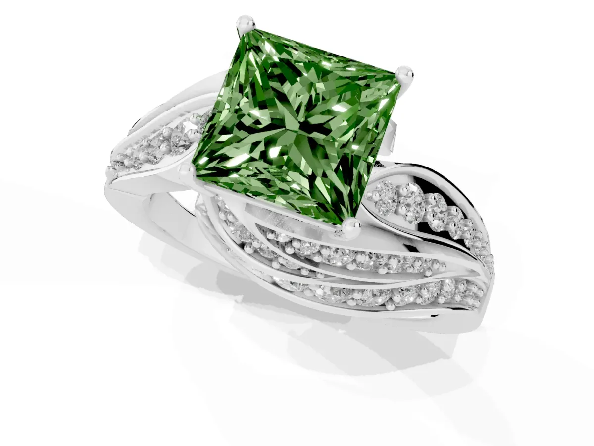 Fancy Green Princess Cut Diamond Solitaire Ring with Prong Setting and Twisted Pavé Band Silver