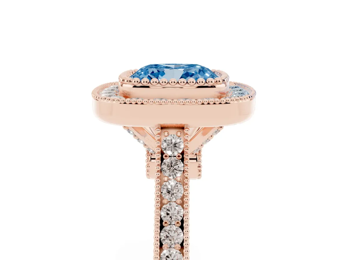 Fancy Blue Cushion Cut Diamond Halo Ring with Milgrain Frame and Pavé Band Rose gold