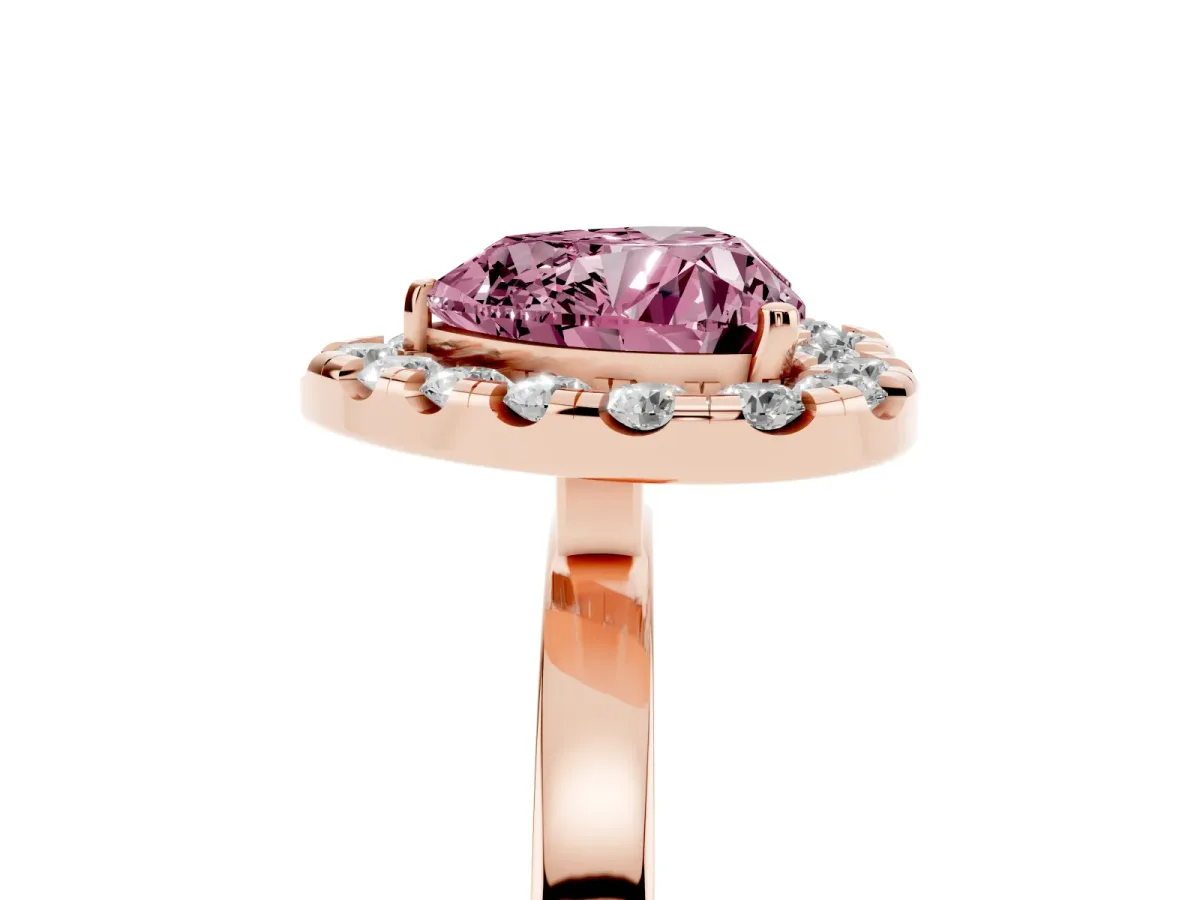 Fancy Pink Heart Cut Halo Diamond Solitaire with Pavé Band and Four-Prong Setting Rose gold