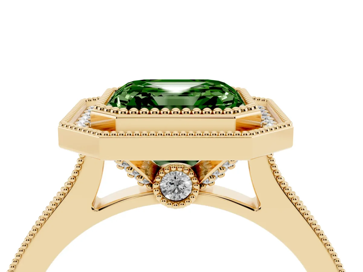 Fancy Green Halo Asscher Cut-Cut Diamond Pave Band Milgrain Prong Setting Ring Yellow gold
