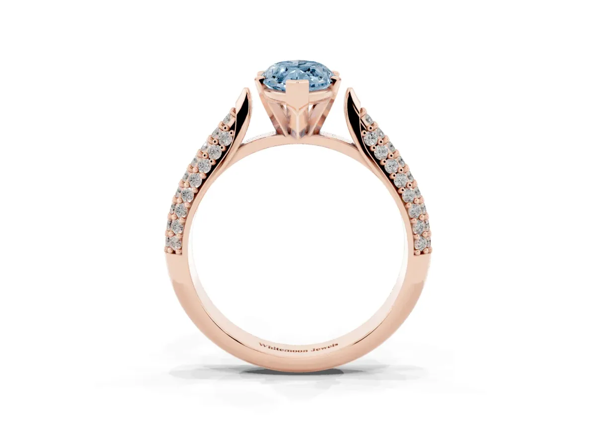 Fancy Blue Marquise Cut Diamond Solitaire Engagement Ring with Multi-Row Round Pavé Band and Prong Setting Rose gold