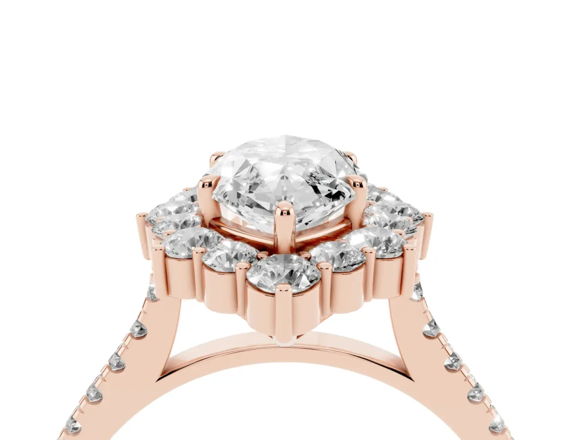 Marquise Cut Halo Diamond Ring with Pavé Band and Prong Setting Rose gold