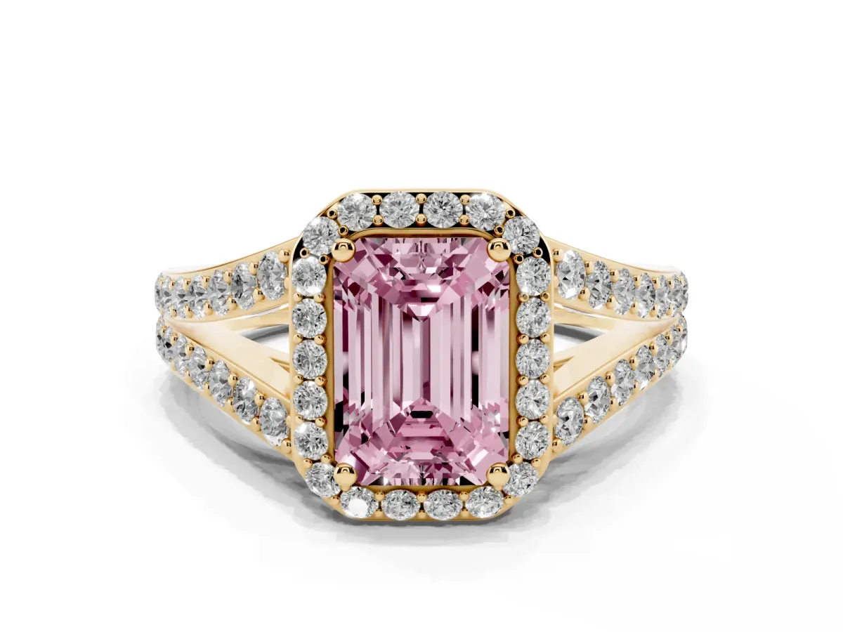 Fancy Pink Emerald Cut Diamond Split Shank Halo Ring with Four-Prong Setting Yellow gold