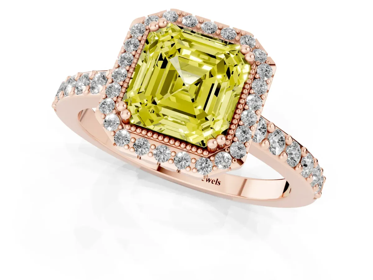 Fancy Yellow Asscher Cut Cut Diamond Halo Engagement Ring with Milgrain Detail and Pavé Band Rose gold