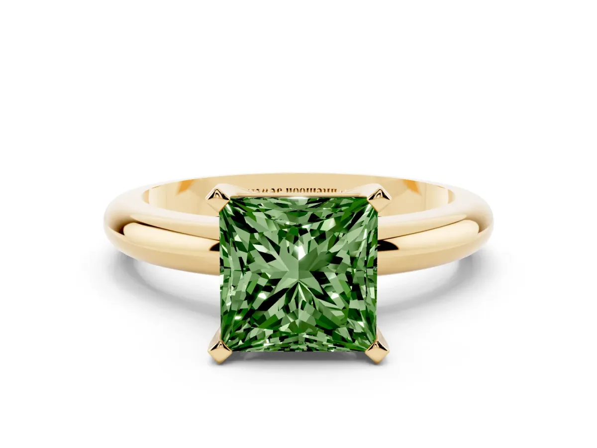 Fancy Green Princess Cut Diamond Solitaire Engagement Ring with Round Band and Four-Prong Setting Yellow gold