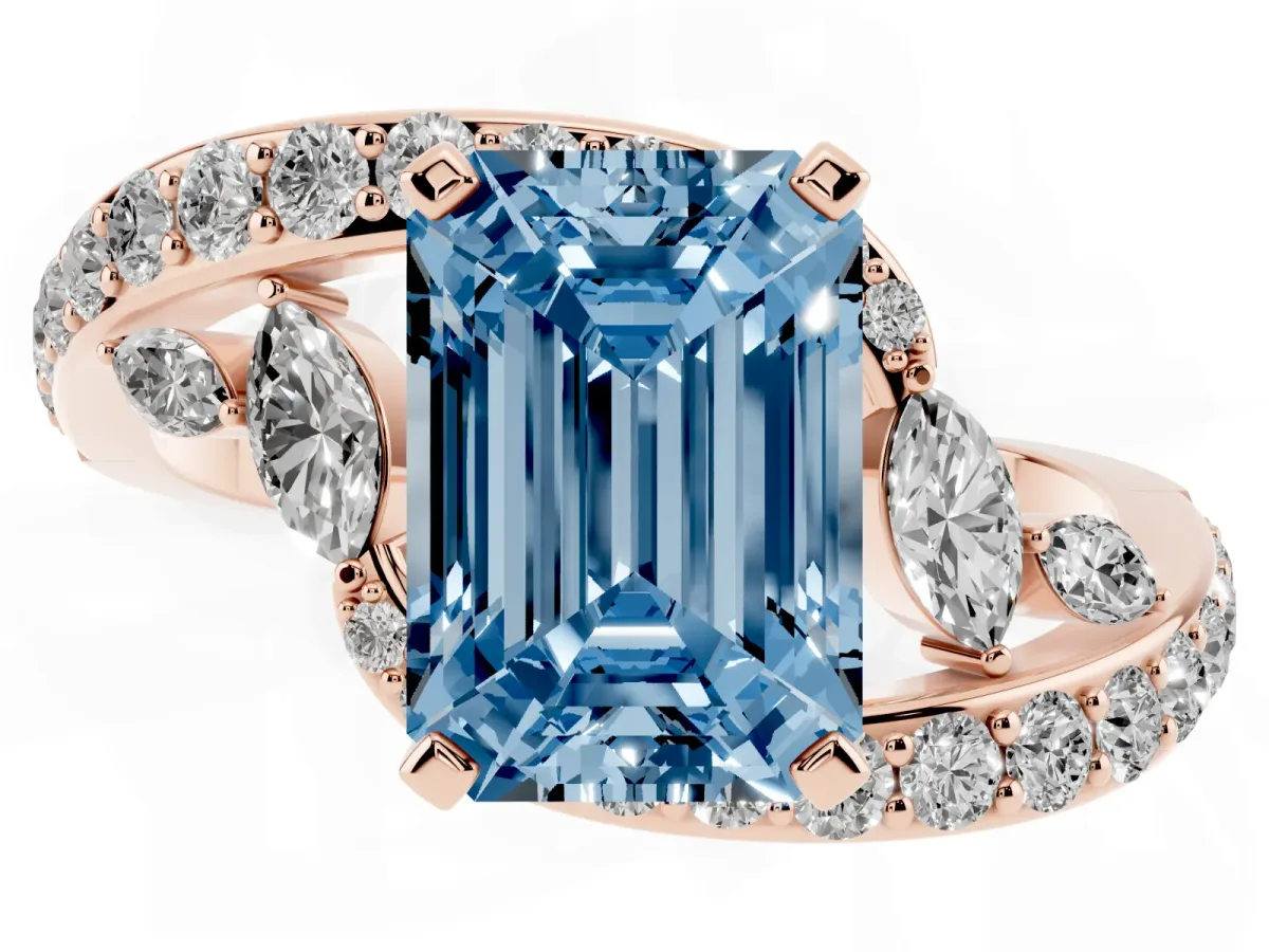 Fancy Blue Emerald Cut Solitaire with Pavé Twist Band and Four-Prong Setting Rose gold