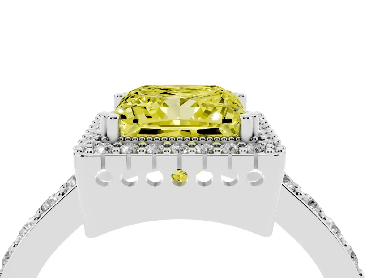 Fancy Yellow Princess Cut Cut Diamond Halo Engagement Ring with Milgrain Detail and Pavé Band Silver