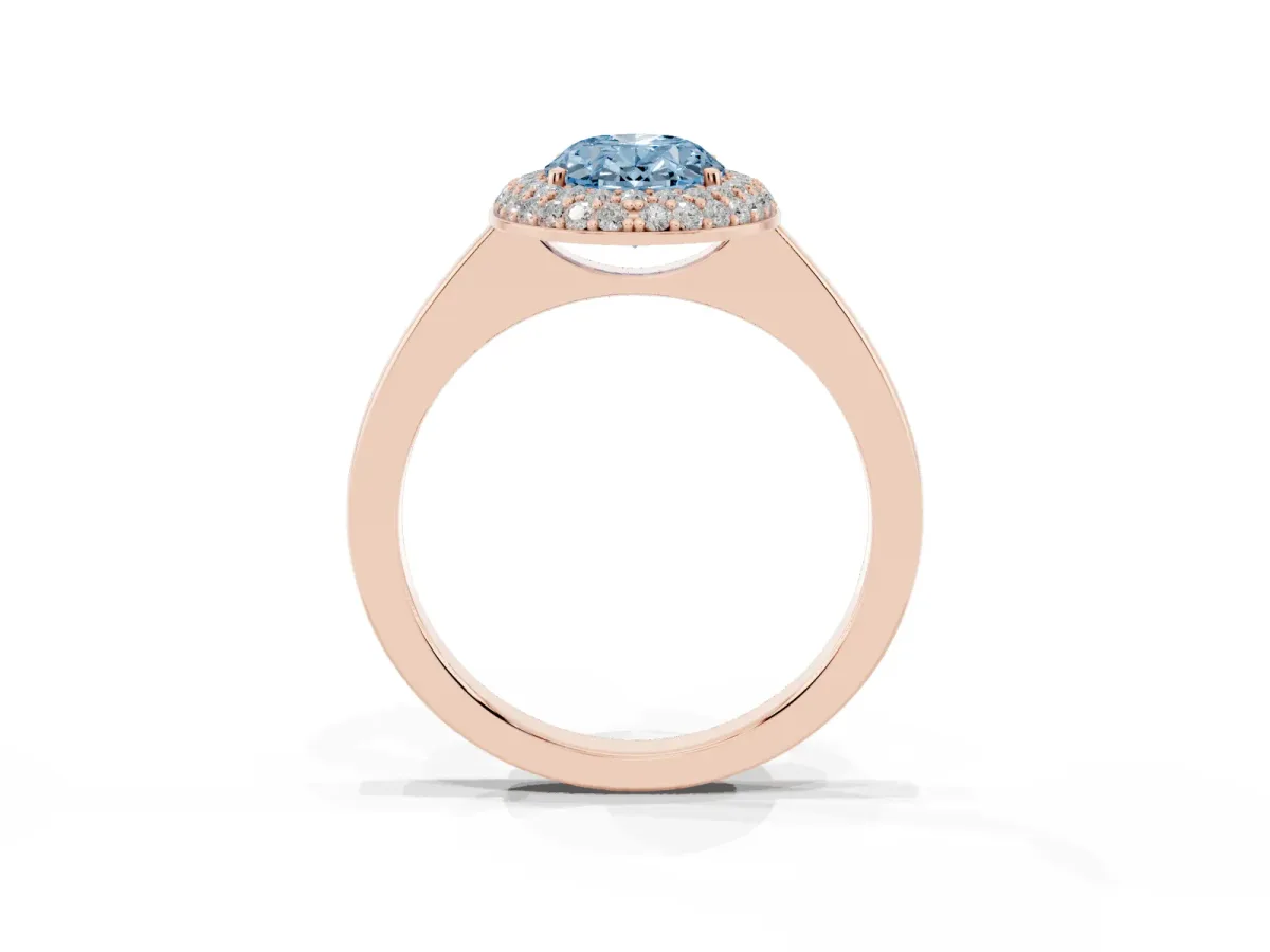 Fancy Blue Oval Cut Halo Diamond Engagement Ring with Solitaire Band and Four-Prong Setting Rose gold