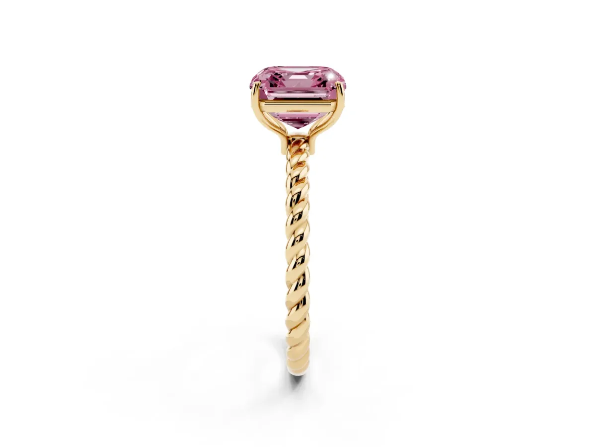 Fancy Pink Asscher Cut Solitaire Twist Band Ring with Four-Prong Setting Yellow gold