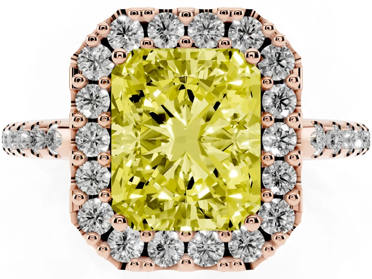 Fancy Yellow Radiant Cut Diamond Pavé Halo Ring with Four-Prong Setting Rose gold