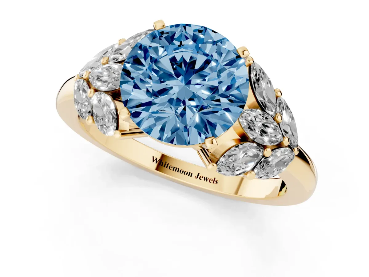 Fancy Blue Round Cut Diamond Cluster Leaf Design Ring with Prong Setting Yellow gold