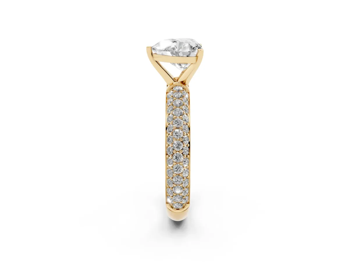Heart Cut Diamond Solitaire Ring with Prong Setting and Pavé Band Yellow gold