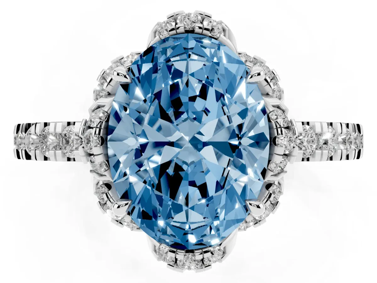 Fancy Blue Oval Cut Diamond Halo Pave Band with Four-Prong Setting Platinum