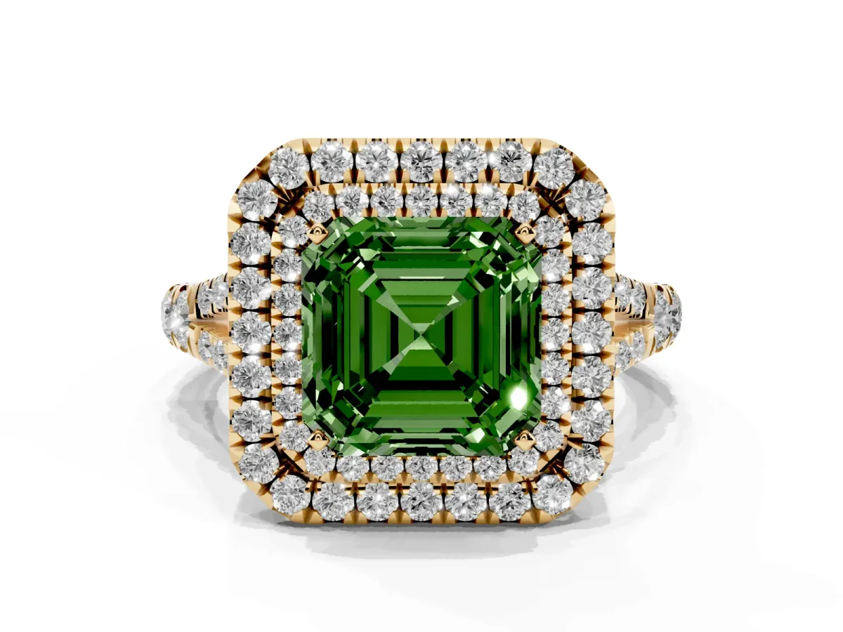 Fancy Green Asscher Cut Cut Double Halo Split Shank Diamond Ring with Prong Setting Yellow gold