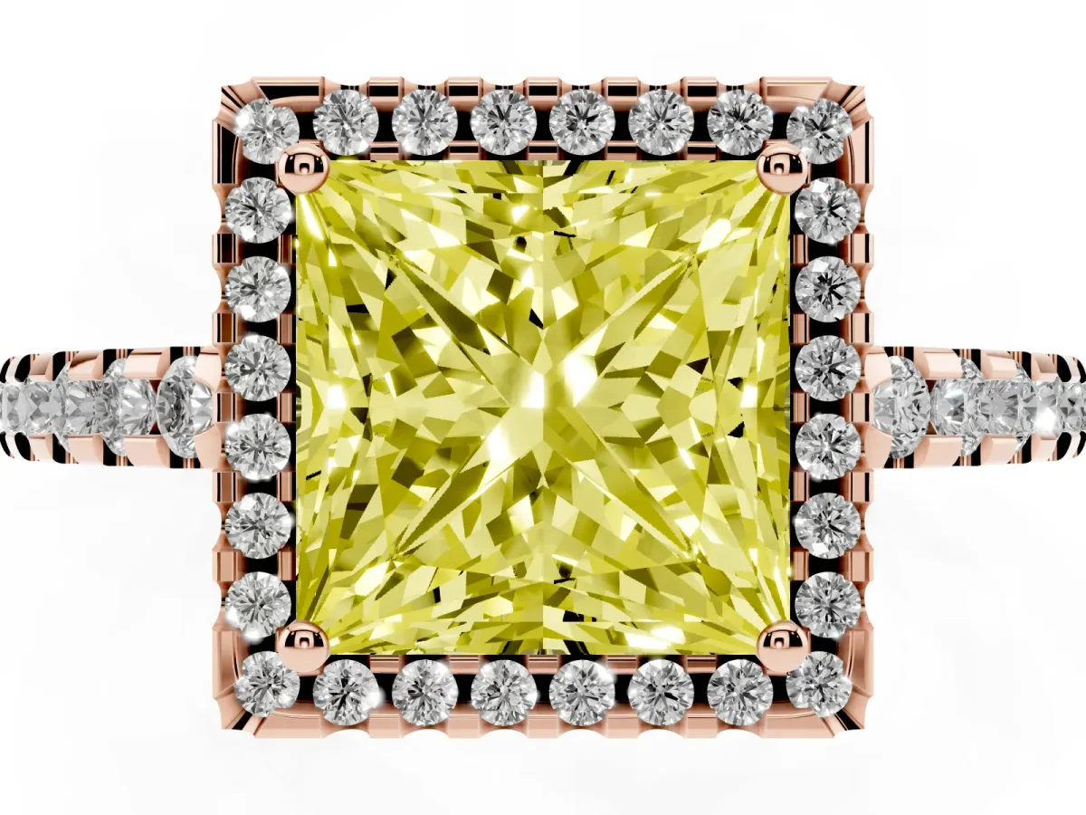 Fancy Yellow Princess Cut Diamond Halo Engagement Ring with Pavé Band and Prong Setting Rose gold