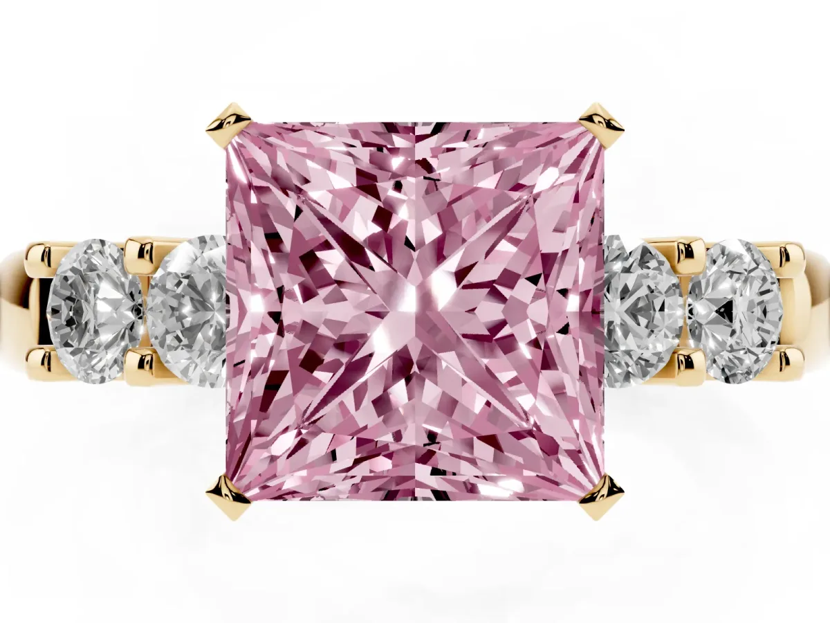Fancy Pink Princess Cut Brilliant Cut Diamond Five-Stone Prong Set Engagement Ring with Channel Band Yellow gold