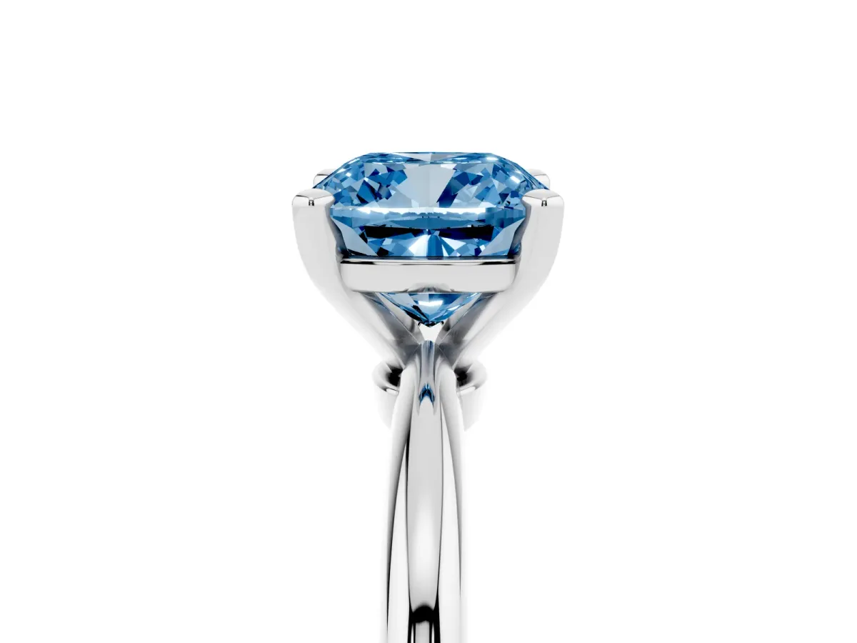 Fancy Blue Cushion Cut Diamond Solitaire Ring with Prong Setting and Classic Band Silver