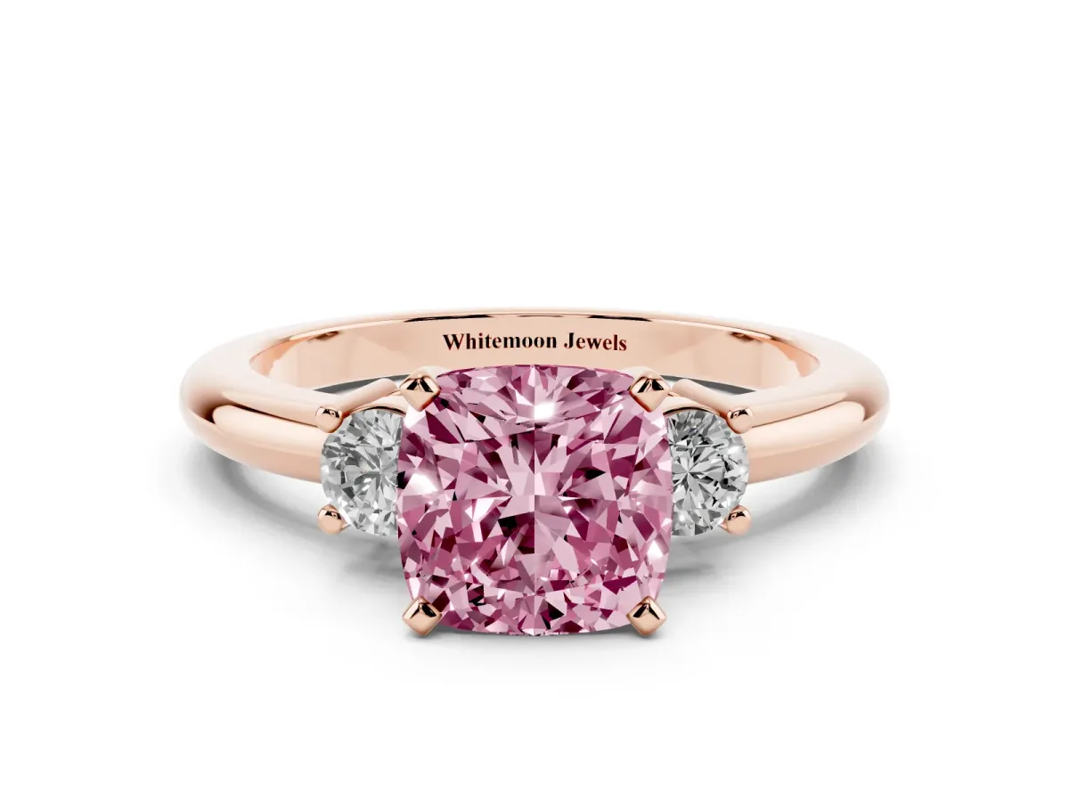 Fancy Pink Three-Stone Cushion Cut Cut Diamond Solitaire with Prong Setting and Classic Band Rose gold