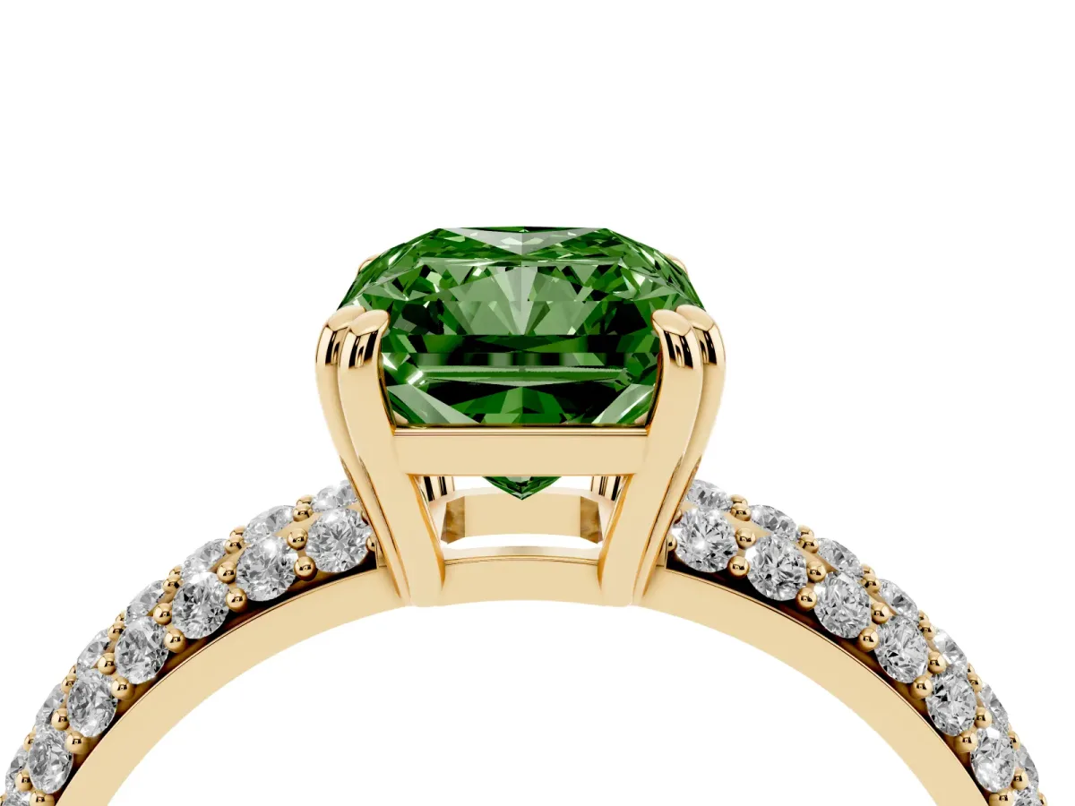 Fancy Green Radiant Cut Diamond Solitaire Ring with Multi-Row Round Pavé Band and Prong Setting Yellow gold