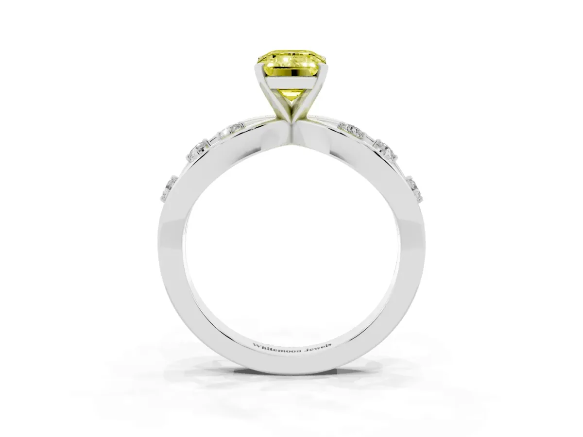 Fancy Yellow Emerald Cut Cut Solitaire Diamond with Side Stones on Criss-Cross Band and Four-Prong Setting Silver