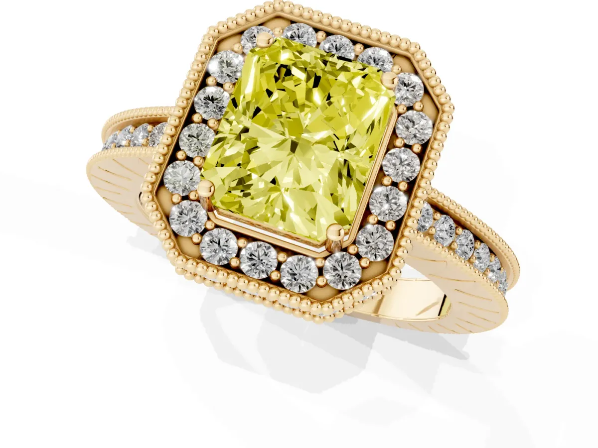 Fancy Yellow Radiant Cut Diamond Milgrain Halo Engagement Ring with Round Pavé Band and Prong Setting Yellow gold