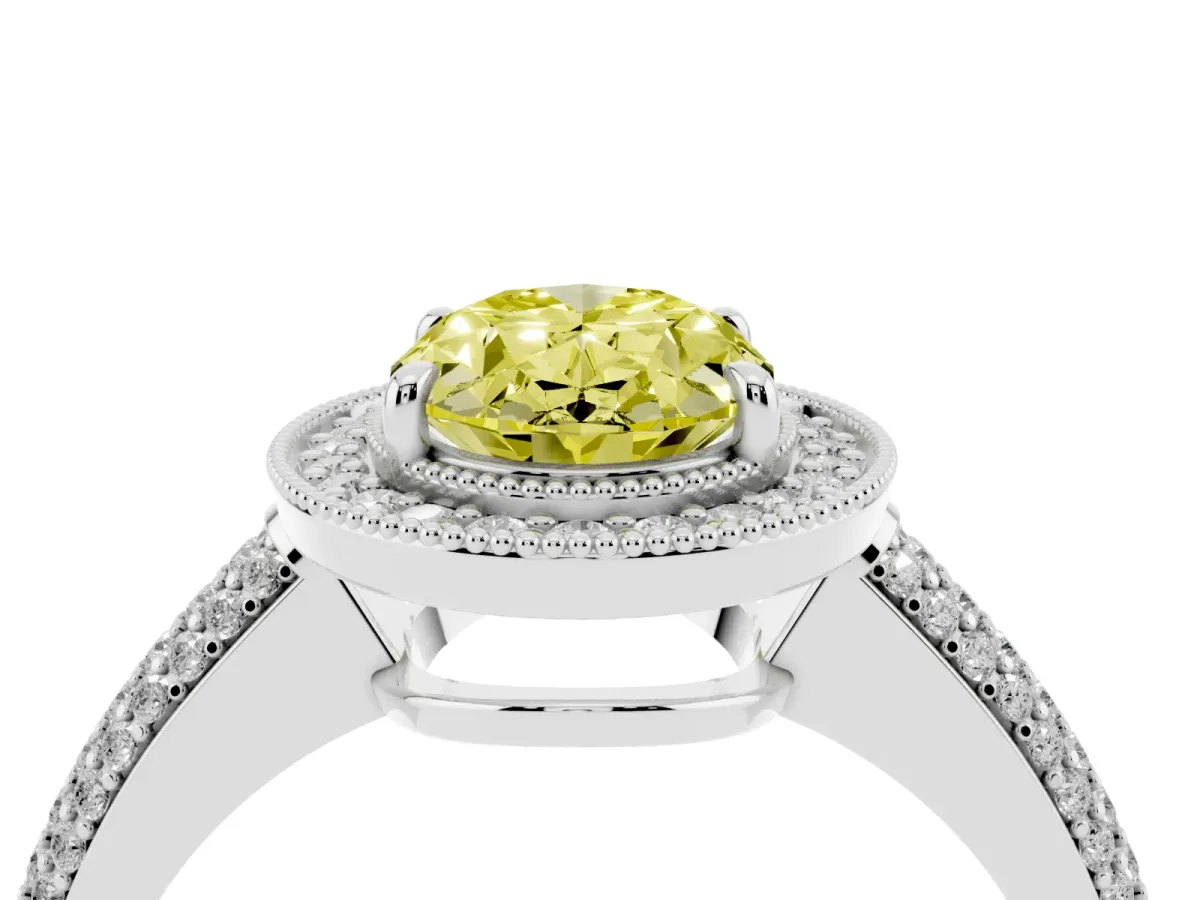 Fancy Yellow Oval Cut Cut Halo Diamond Pave Band with Four-Prong Setting Silver