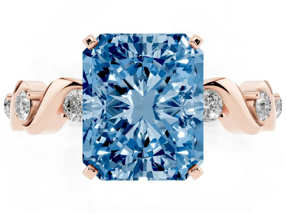 Fancy Blue Radiant Cut Diamond Solitaire Twisted Band with Round Accents and Prong Setting Rose gold