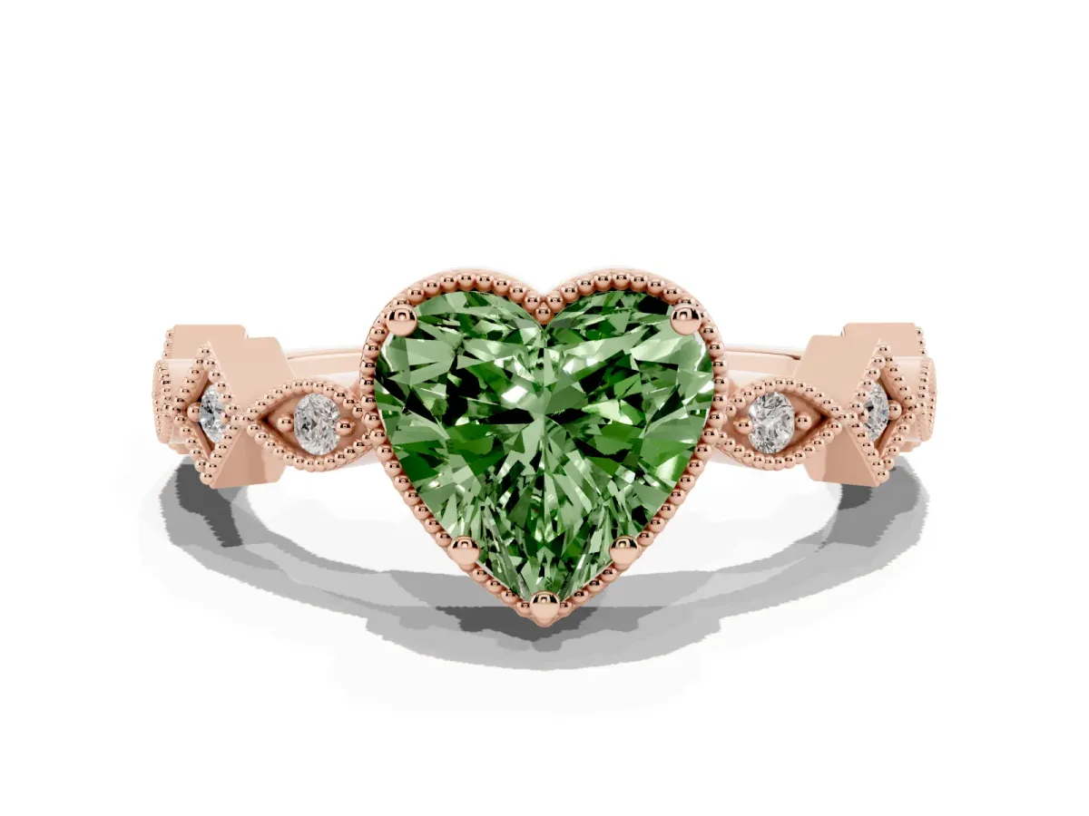 Fancy Green Heart Cut Milgrain Marquise Diamond Twist Band Ring Rose gold