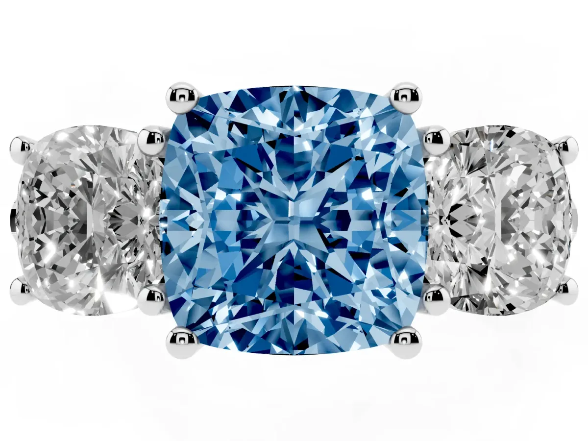 Fancy Blue Three-Stone Cushion Cut Diamond Ring with Round Pavé Band and Prong Setting Silver