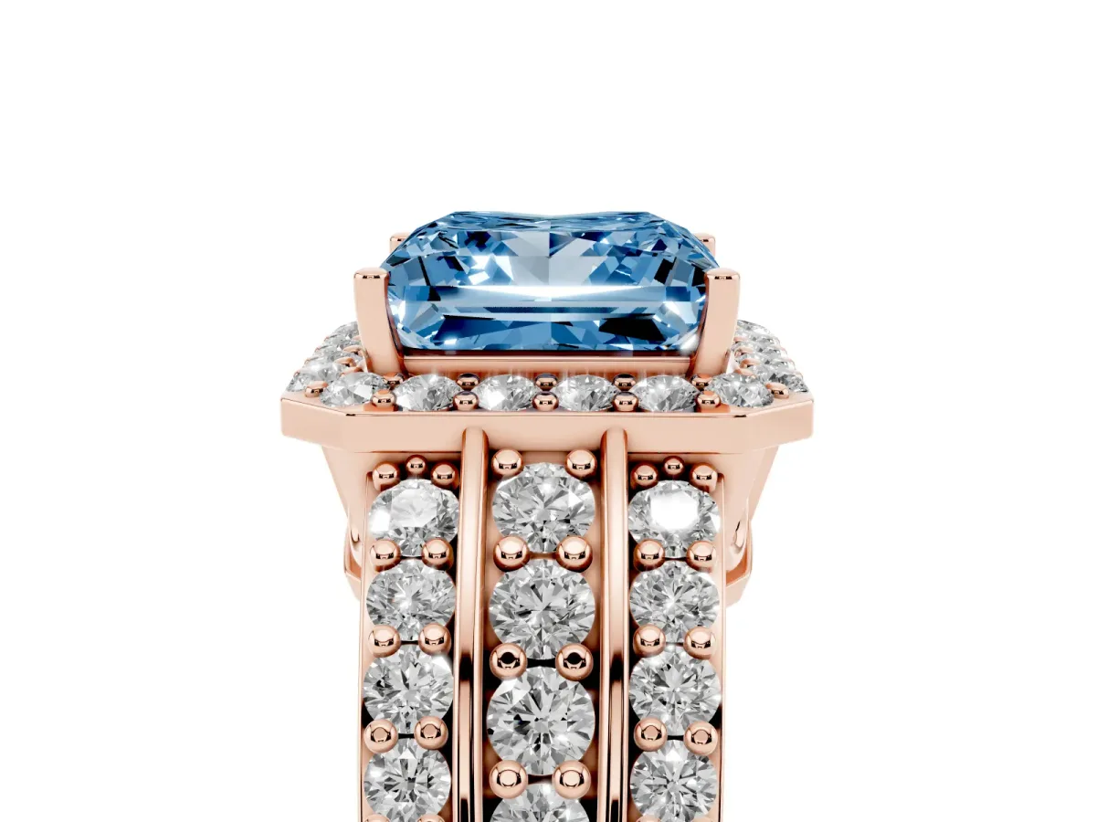 Fancy Blue Princess Cut Halo Diamond Ring with Round Split Shank and Prong Setting Rose gold