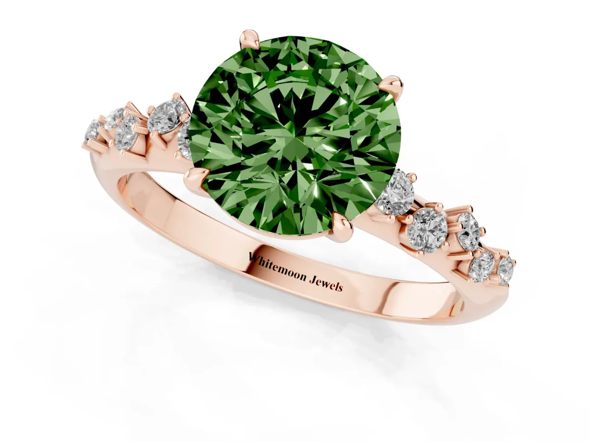 Fancy Green Round Cut Diamond Cluster Side Stone Solitaire Ring with Prong Setting Rose gold