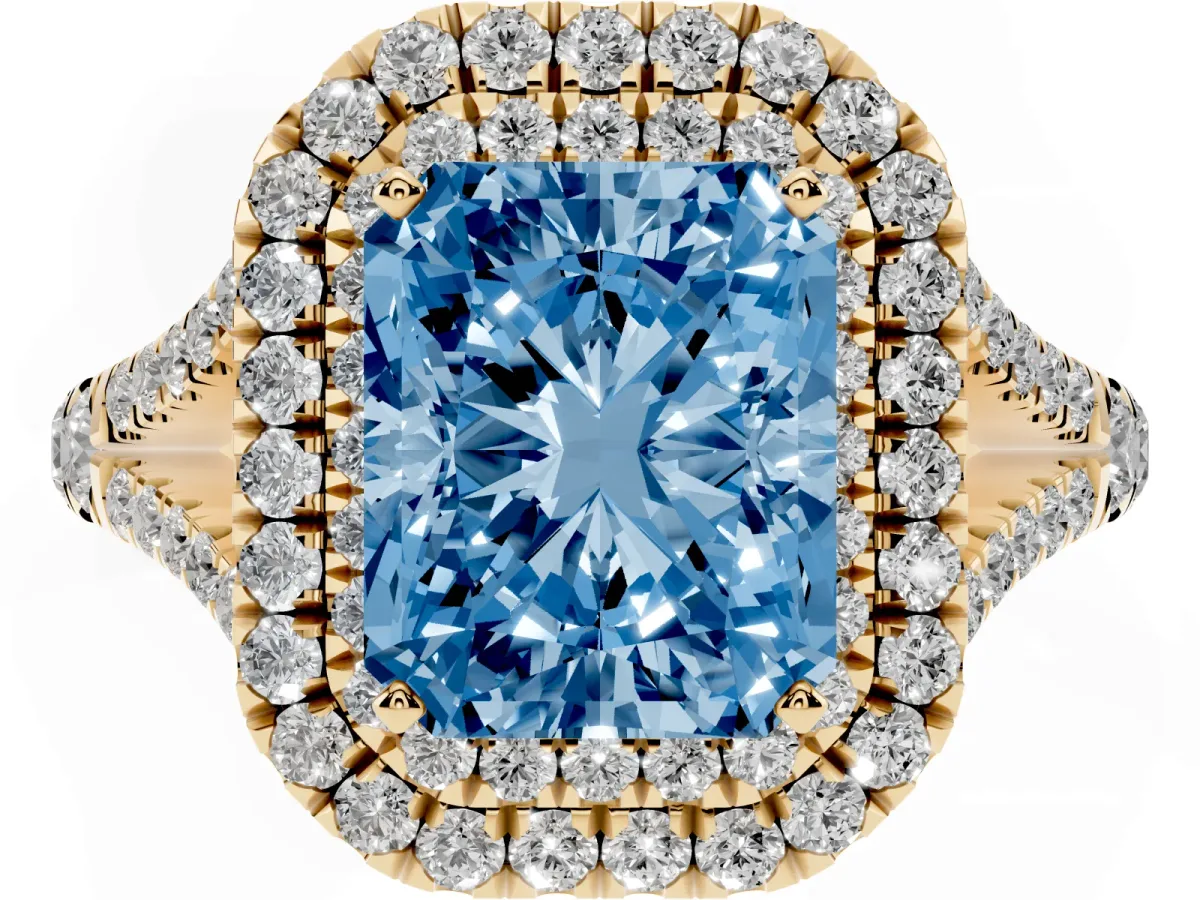 Fancy Blue Radiant Cut Diamond Double Halo Ring with Split Shank and Prong Setting Yellow gold