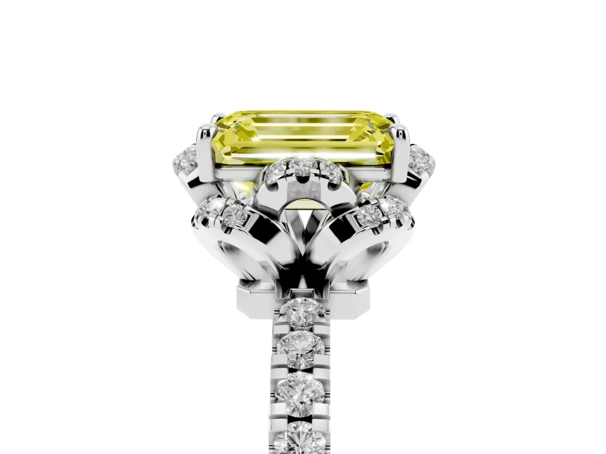 Fancy Yellow Emerald Cut Halo Diamond Pave Band Ring with Four-Prong Setting Silver