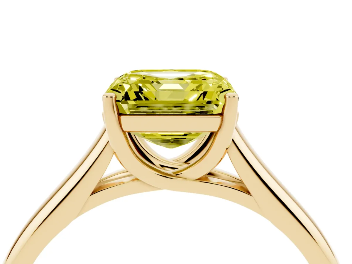 Fancy Yellow Asscher Cut Solitaire Engagement Ring with Tapered Band and Four-Prong Setting Yellow gold