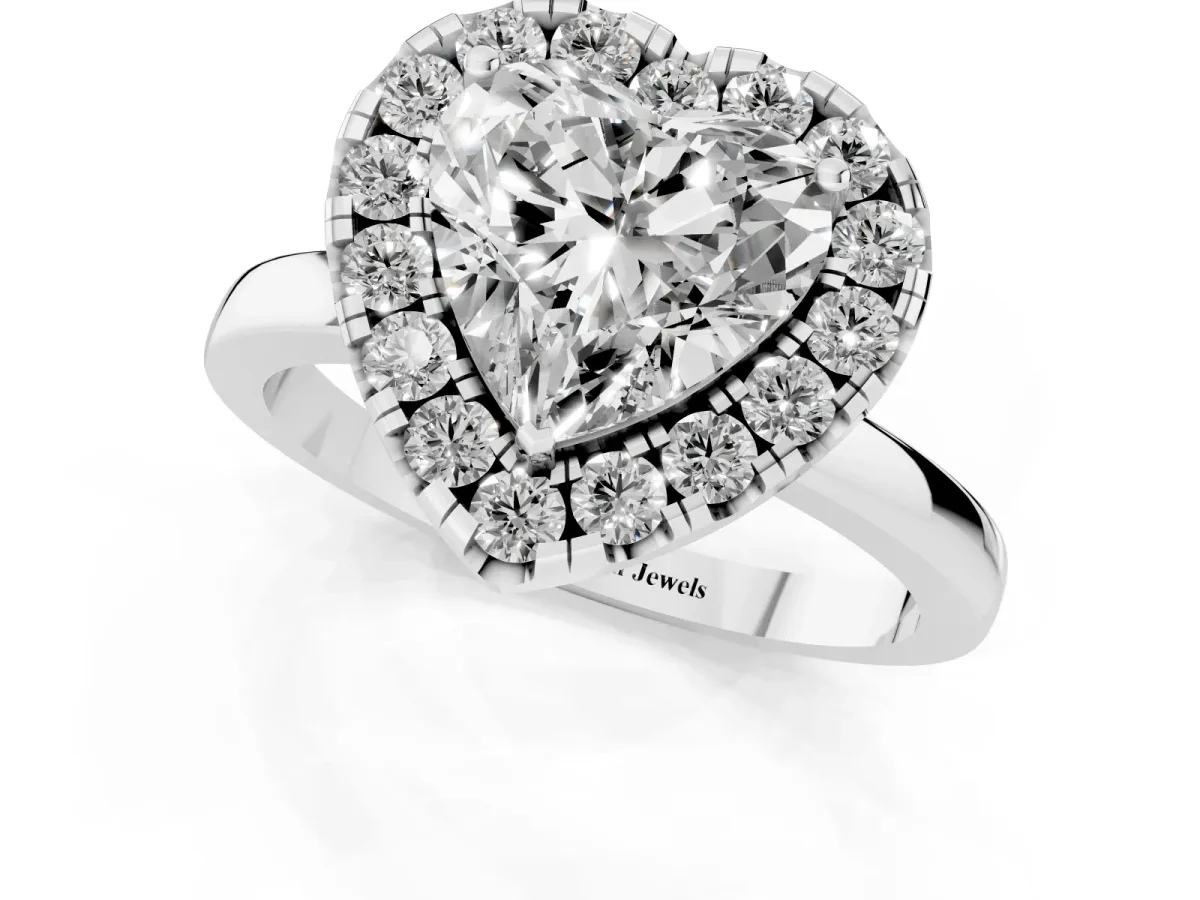 Heart Cut Halo Diamond Solitaire with Pavé Band and Four-Prong Setting Platinum