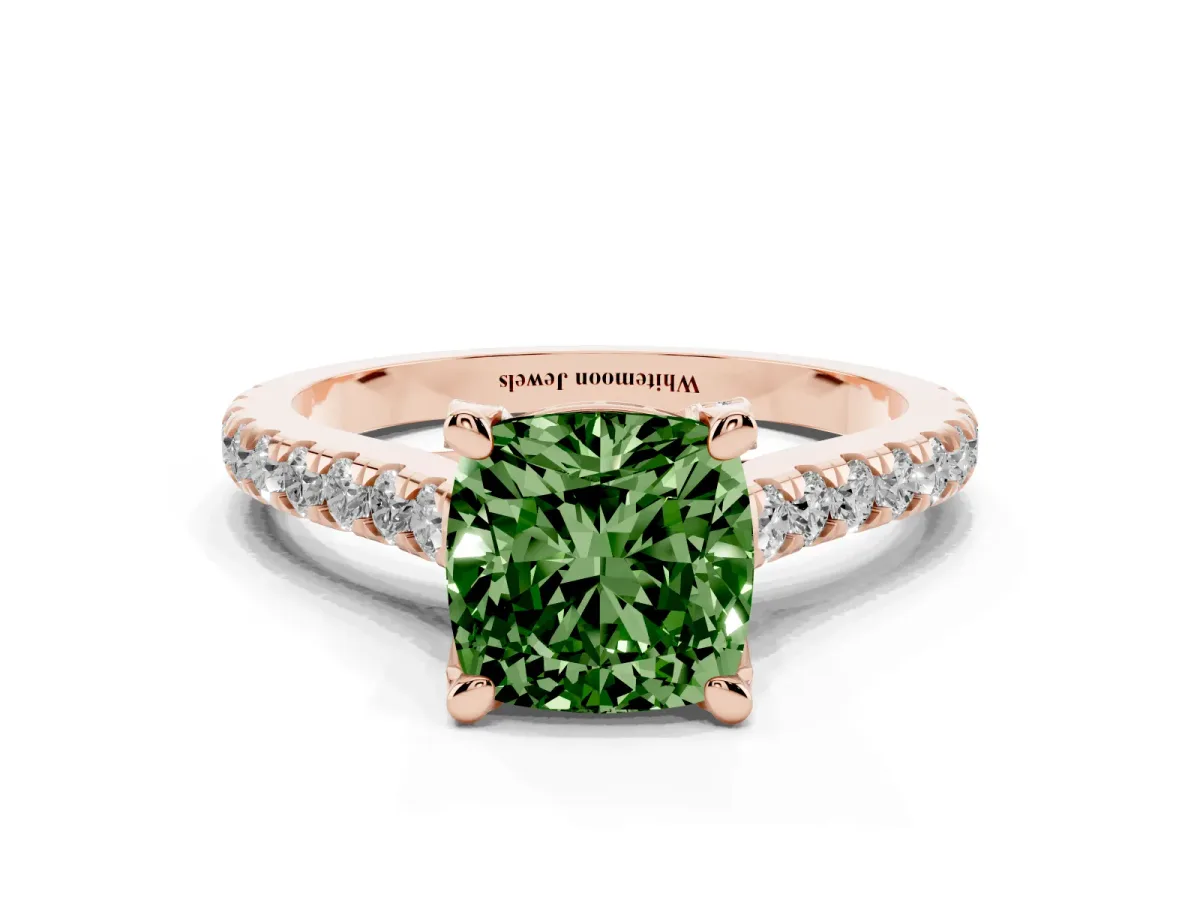 Fancy Green Cushion Cut Brilliant Diamond Solitaire with Pavé Band and Four-Prong Setting Rose gold