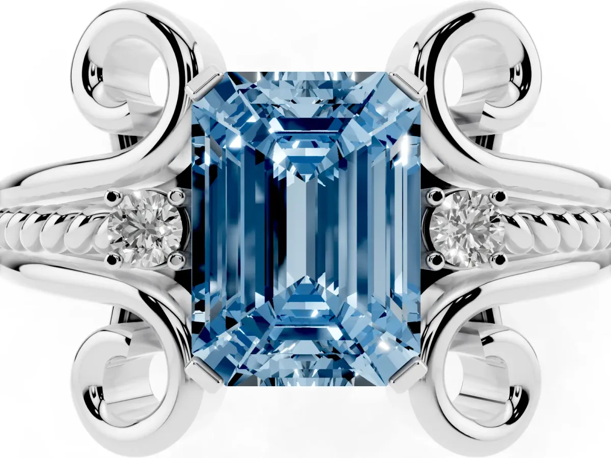 Fancy Blue Emerald Cut Solitaire Twisted Band Scroll Prong Ring Platinum