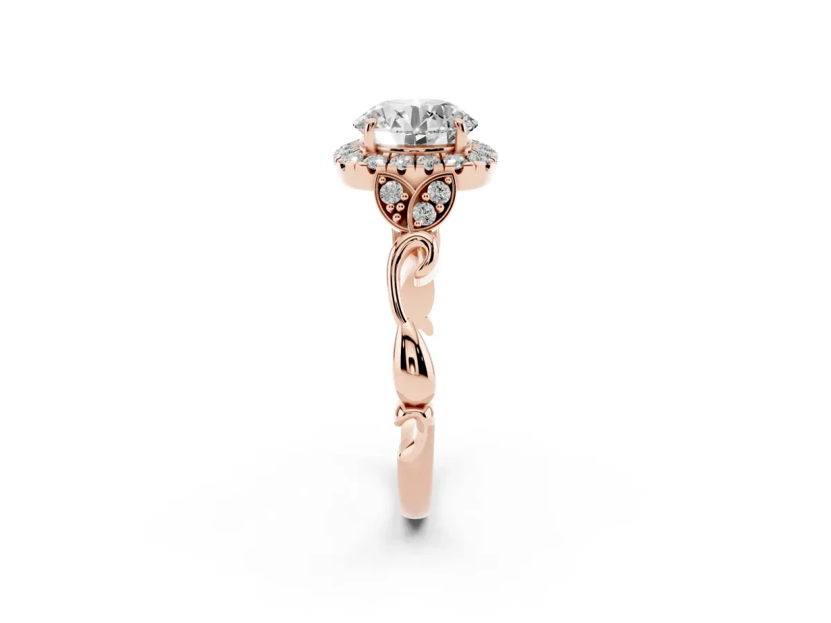 Round Cut Halo Diamond Engagement Ring with Vintage-Inspired Band and Four-Prong Setting Rose gold