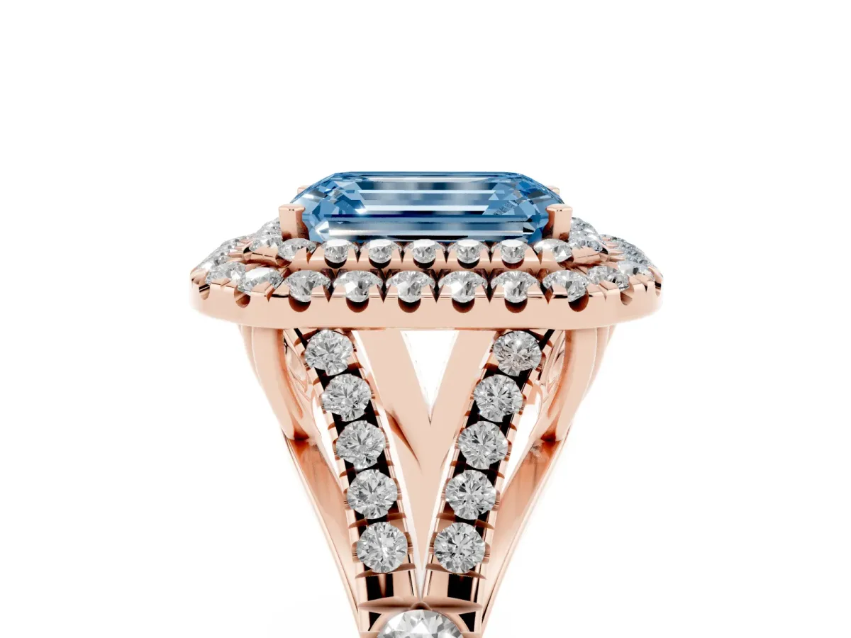 Fancy Blue Emerald Cut Diamond Pavé Split Shank Double Halo Engagement Ring Rose gold