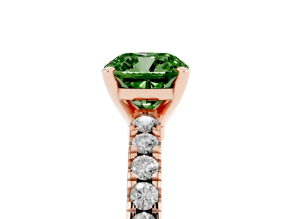 Fancy Green Cushion Cut Solitaire Diamond with Pavé Band and Four-Prong Setting Rose gold
