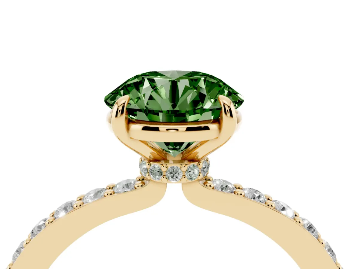 Fancy Green Round Cut Diamond Pavé Engagement Ring with Round Accents and Prong Setting Yellow gold