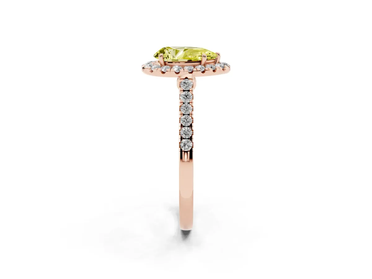 Fancy Yellow Pear Cut Halo Pave Diamond Engagement Ring with Four-Prong Setting Rose gold