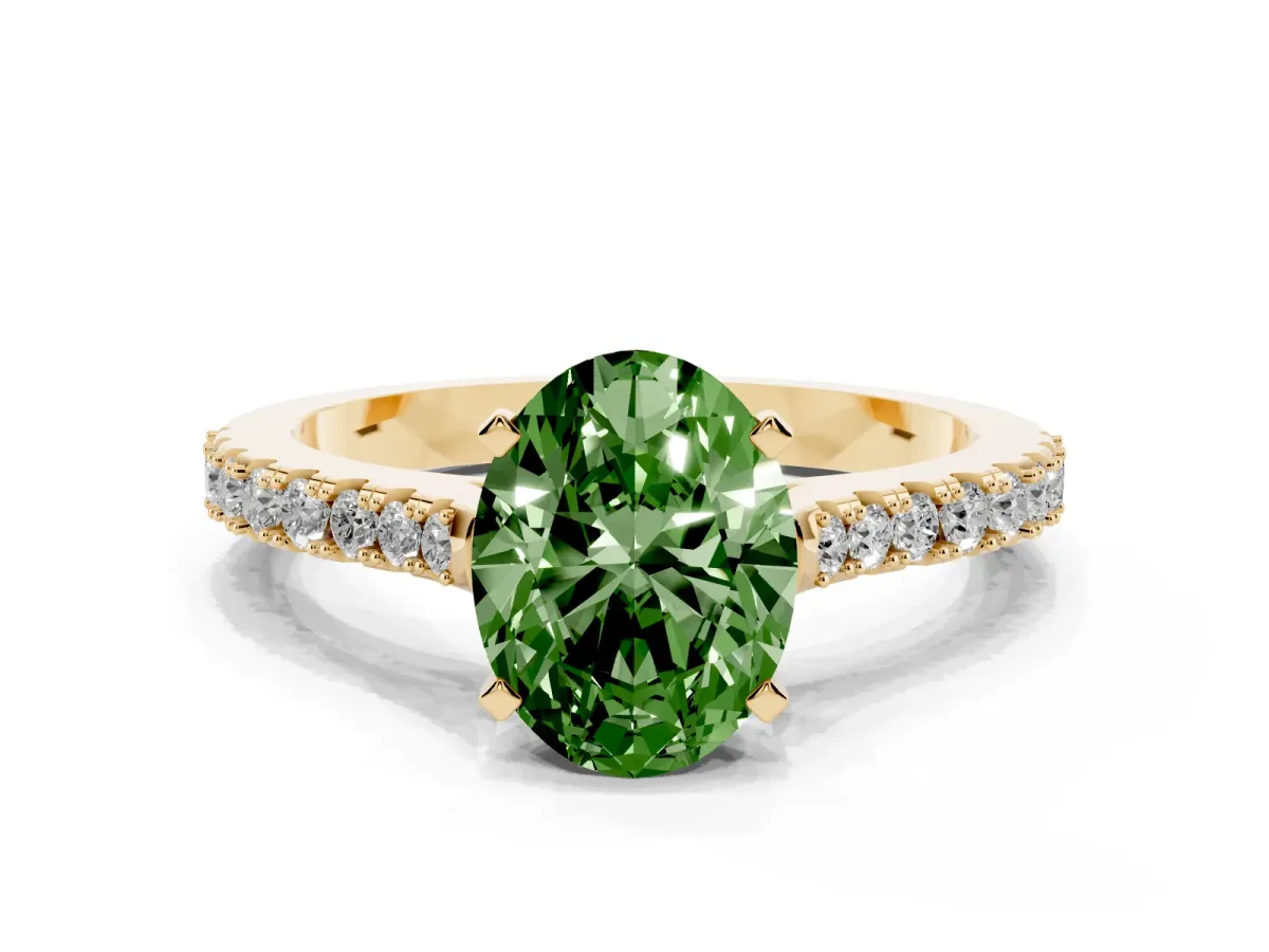 Fancy Green Oval Cut Cut Solitaire Diamond Engagement Ring with Pave Band and Four-Prong Setting Yellow gold