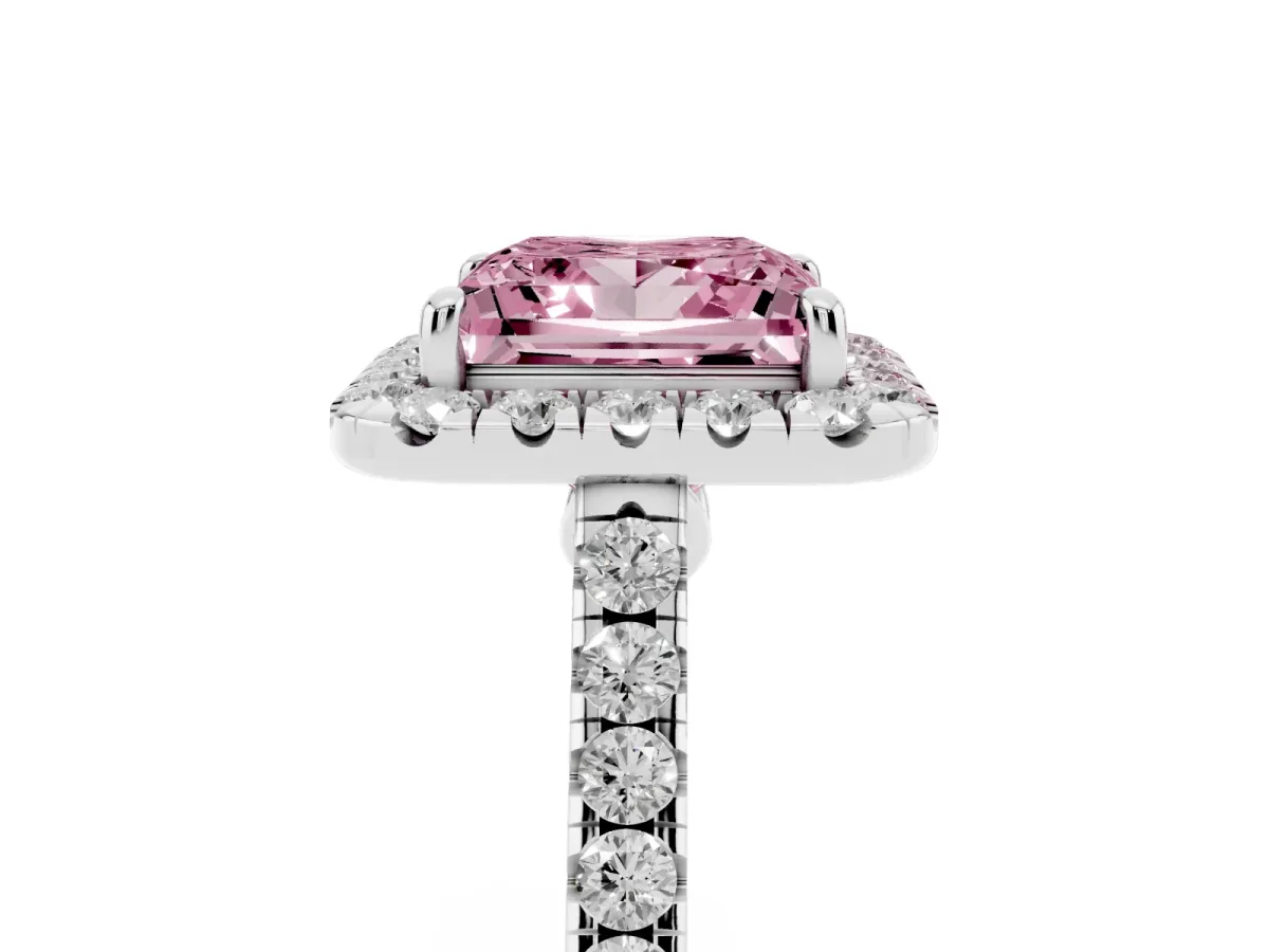 Fancy Pink Princess Cut Halo Pave Diamond Engagement Ring with Four-Prong Setting Silver