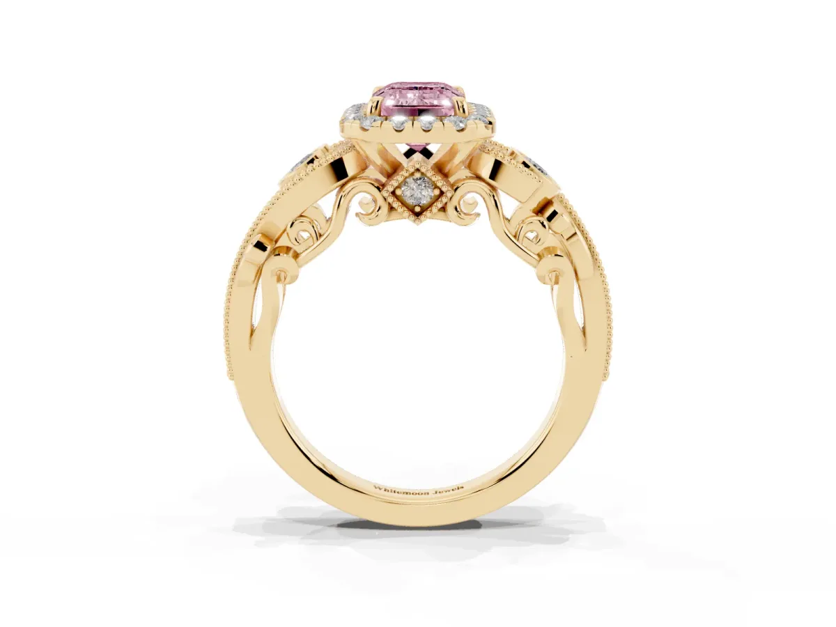 Fancy Pink Emerald Cut Diamond Halo Ring with Milgrain Pavé Band and Four-Prong Setting Yellow gold