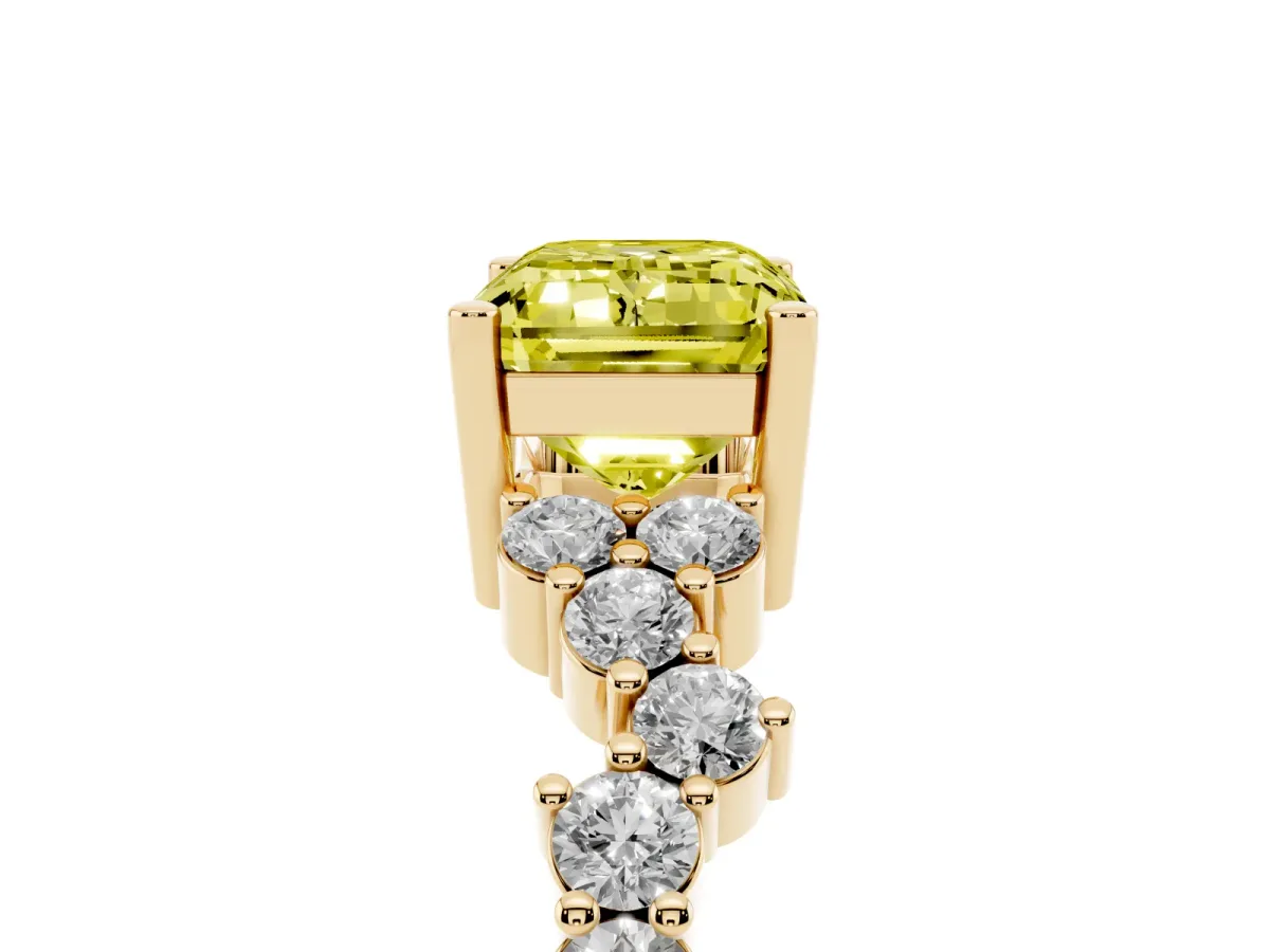 Fancy Yellow Emerald Cut Diamond Scattered Round Accent Ring with Prong Setting Yellow gold