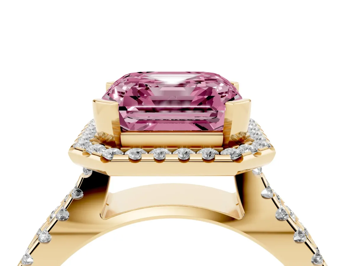 Fancy Pink Asscher Cut Diamond Halo Ring with Split Shank Pavé Band and Prong Setting Yellow gold