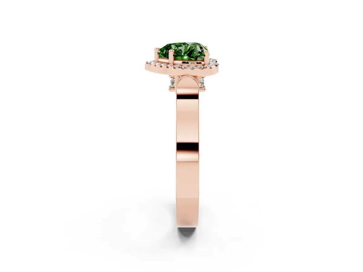 Fancy Green Heart Cut Halo Round Diamond Twist Band with Four-Prong Setting Rose gold
