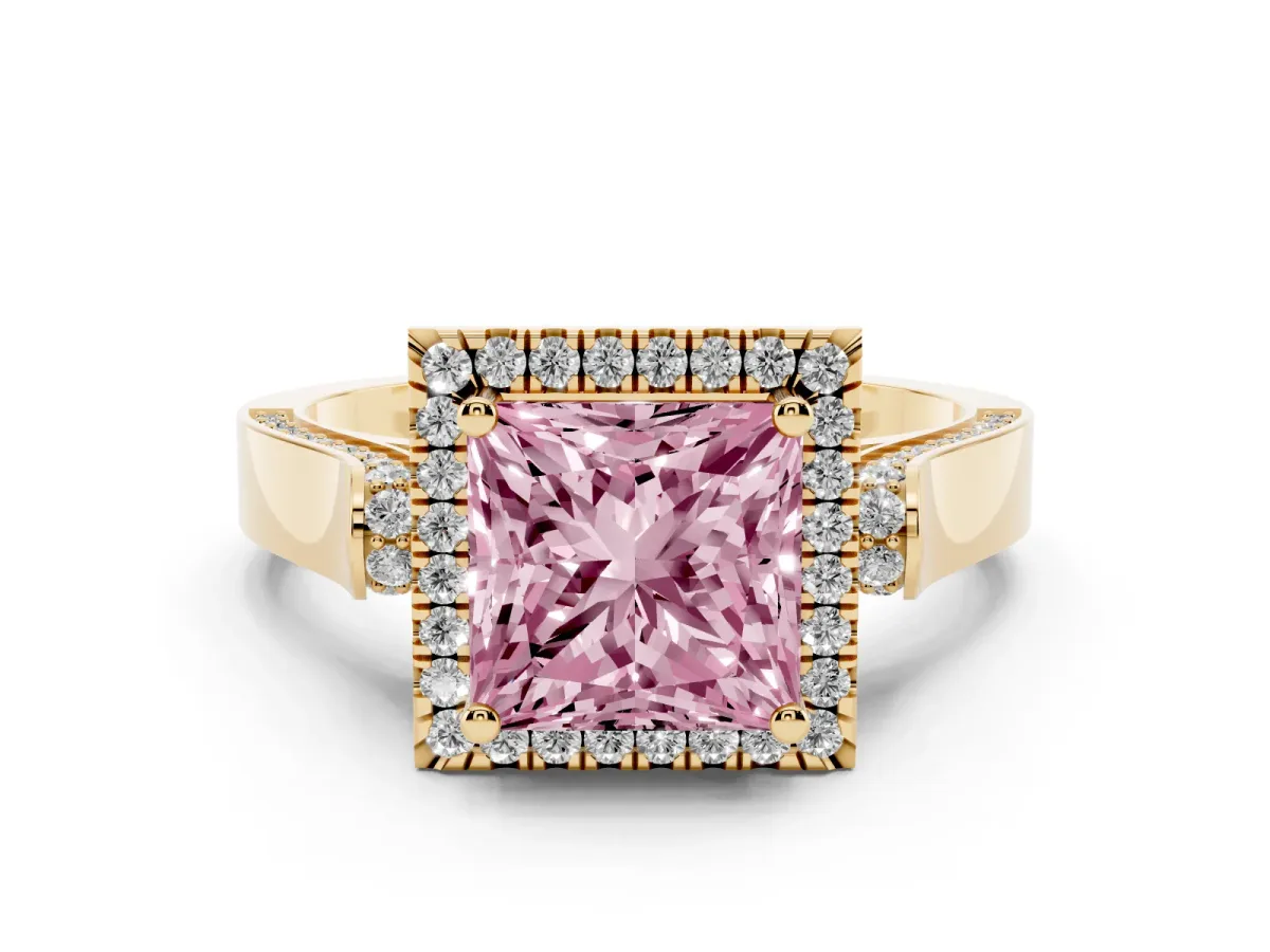Fancy Pink Princess Cut Halo Round Diamond Twist Band with Four-Prong Setting Yellow gold