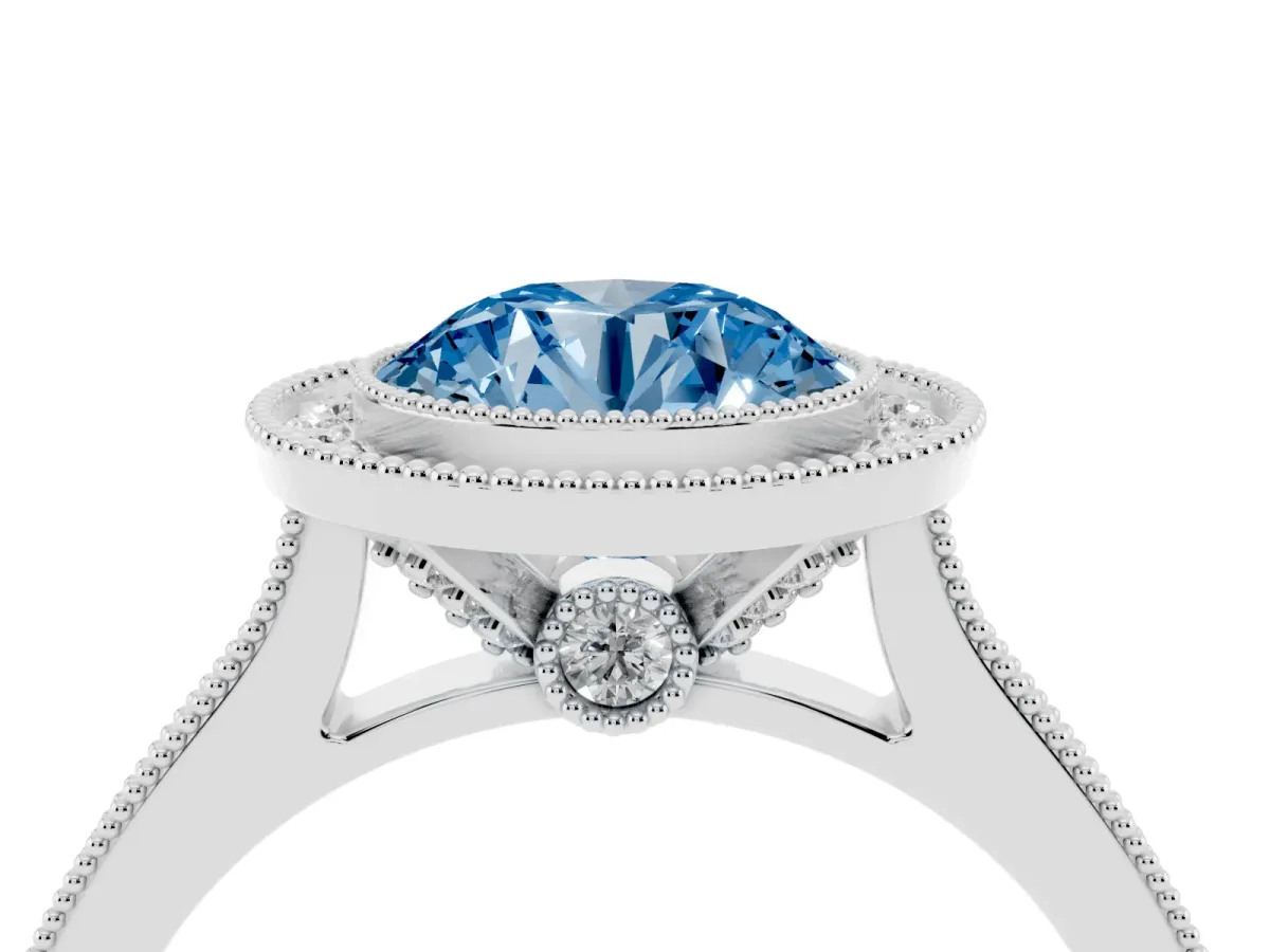 Fancy Blue Halo Round Cut-Cut Diamond Pave Band Milgrain Prong Setting Ring Silver